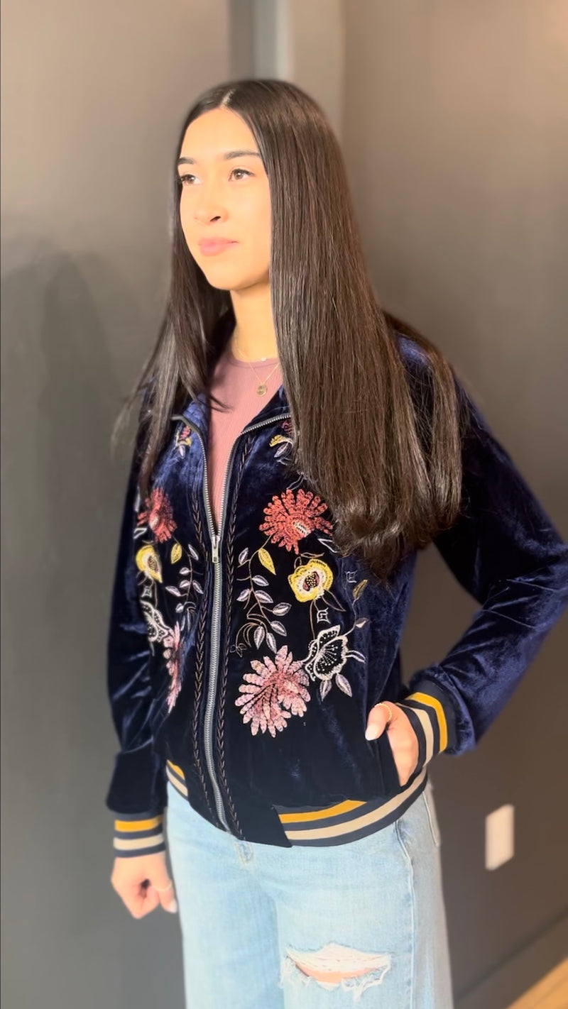 Navy Floral Embroidery Velvet Bomber Jacket