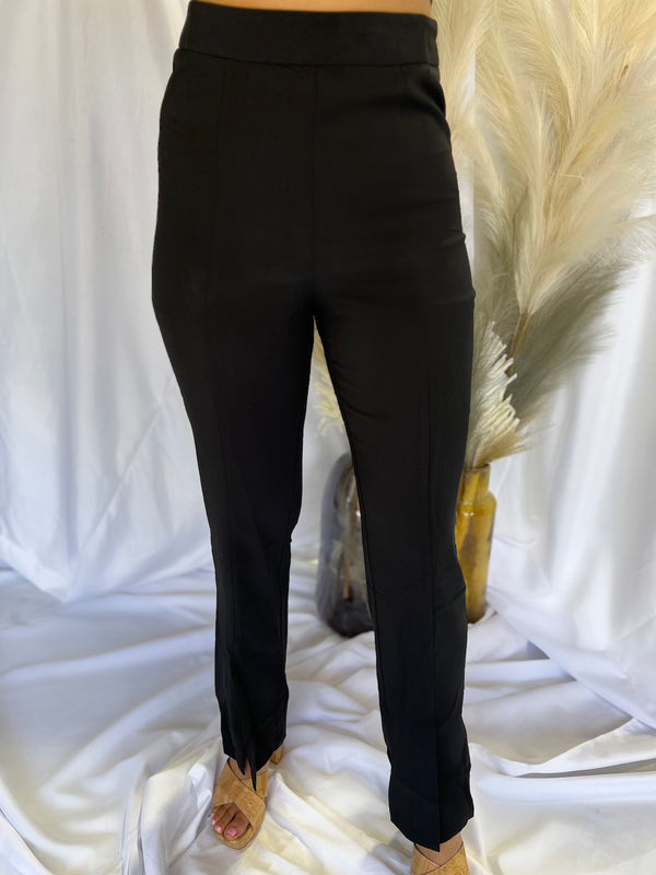 BLACK WOVEN SLIT HEM FLARE PANT WITH SIDE ZIPPER