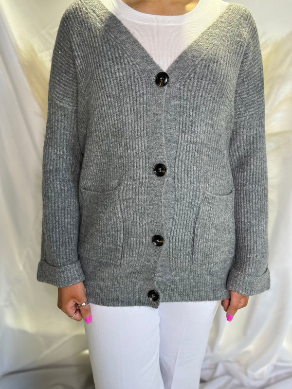 RIBBED CARDIGAN HEATHER GREY