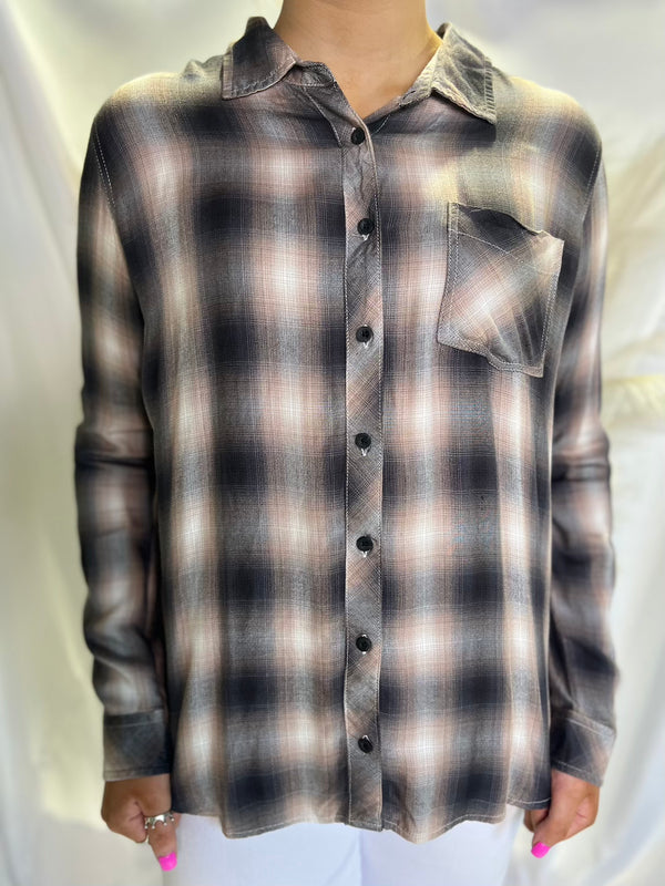 MARCY TOP BLACK TAUPE PLAID