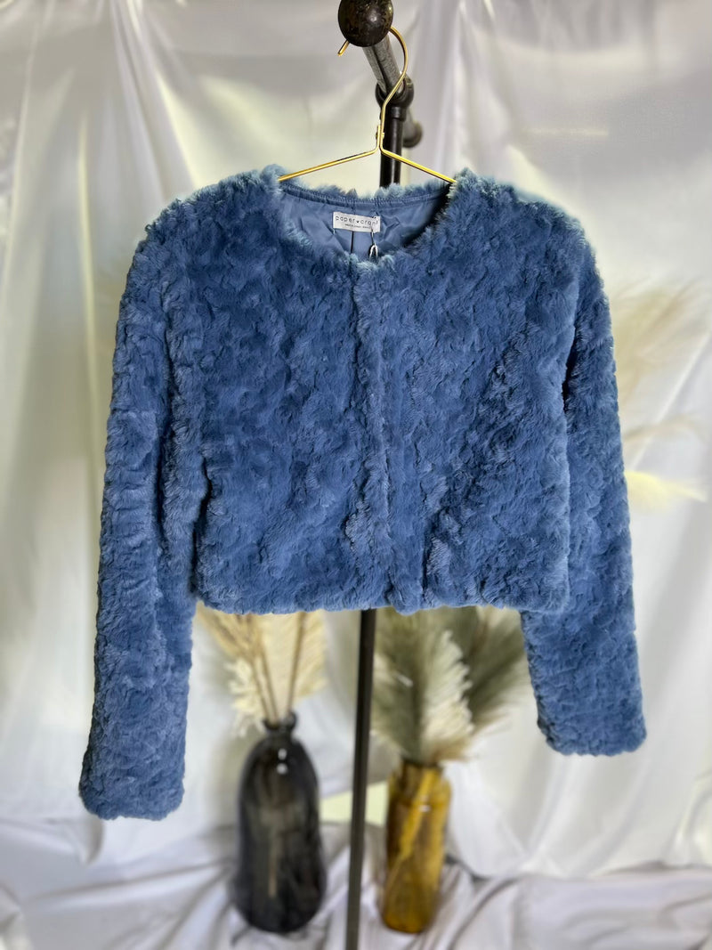 Round Neck Fur Crop Jacket- Blue