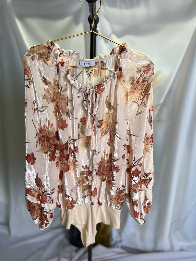 Ivory Floral Print Burn Out Bodysuit