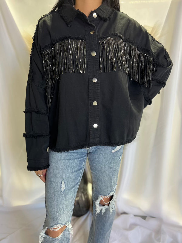 BLACK FRINGE CROP JACKET