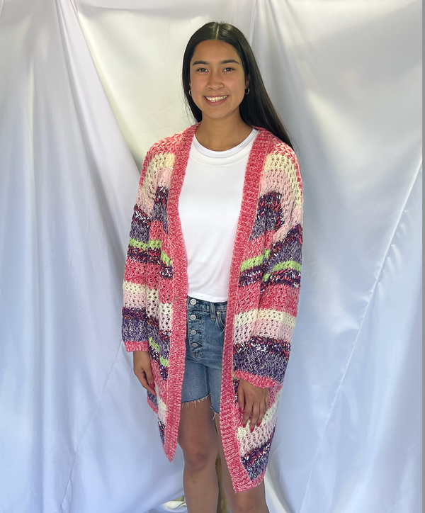 Fuchsia Multi Color Striped Cardigan