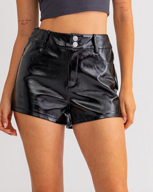 BLACK FAUX LEATHER 5 POCKET SHORTS