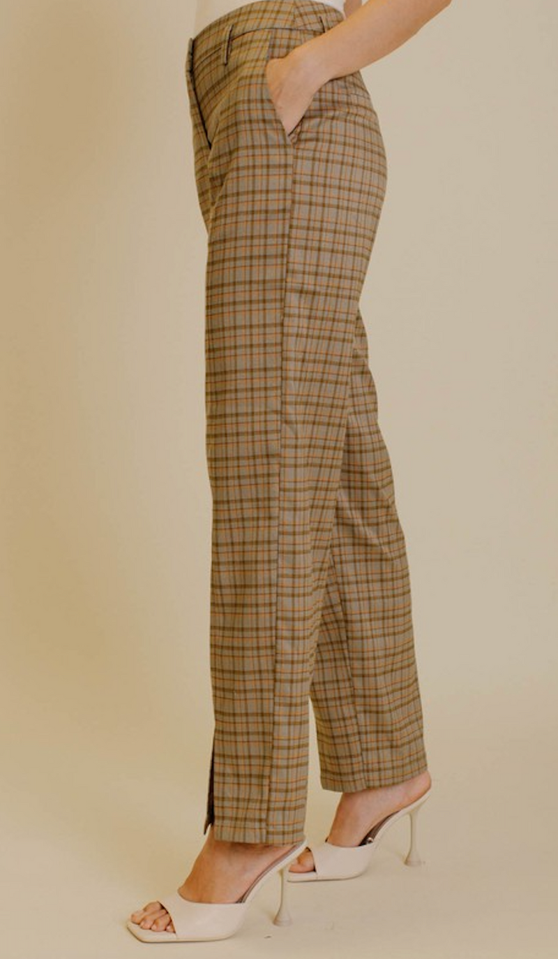 OLIVE GREY MID-RISE CHECK PANT