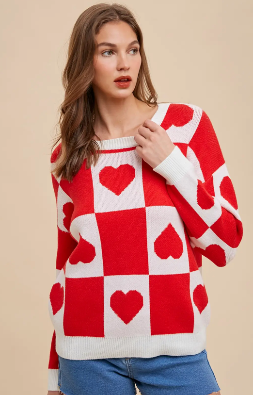 Heart Checker Board Sweater