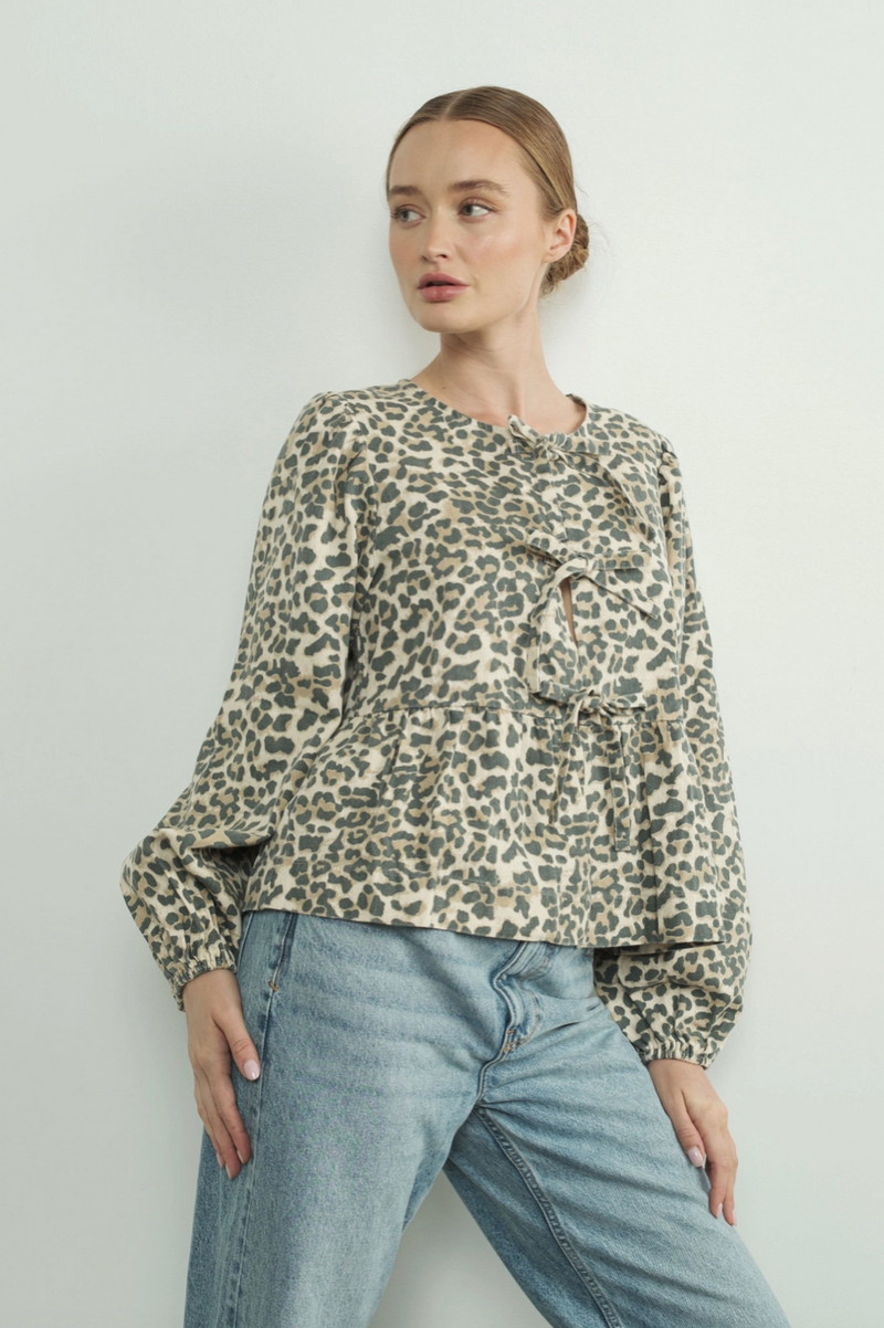 Aron  Animal Print Tow Tie Blouse