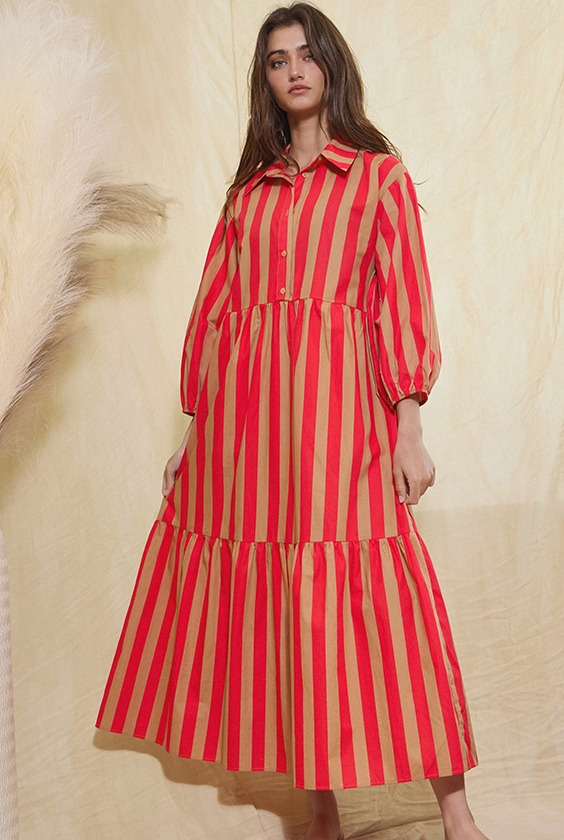 Izzy Striped Tiered Midi Shirt Dress